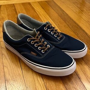 Vans Shoes Navy Blue with Brown Leather Unisex Canvas Sneakers Size 13 M